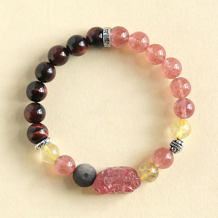 Buddha Stones Handgeschnitztes Partnerarmband aus Erdbeerquarz und silberglänzendem Obsidian mit Pixiu-Liebesmotiv - Erdbeerquarz (Liebe ♥ Heilung) - image 1