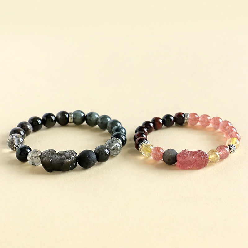 Buddha Stones Handgeschnitztes Partnerarmband aus Erdbeerquarz und silberglänzendem Obsidian mit Pixiu-Liebesmotiv - image 8