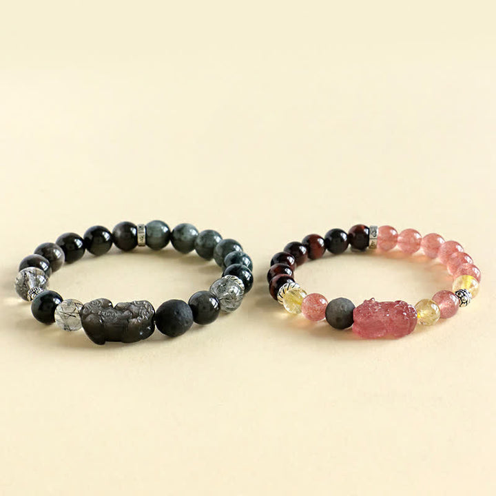 Buddha Stones Handgeschnitztes Partnerarmband aus Erdbeerquarz und silberglänzendem Obsidian mit Pixiu-Liebesmotiv - image 8