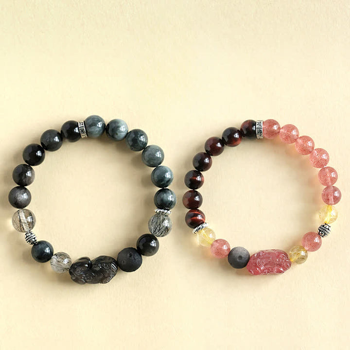 Buddha Stones Handgeschnitztes Partnerarmband aus Erdbeerquarz und silberglänzendem Obsidian mit Pixiu-Liebesmotiv - image 4