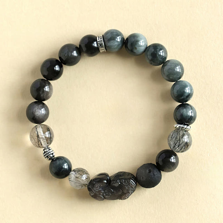 Buddha Stones Handgeschnitztes Partnerarmband aus Erdbeerquarz und silberglänzendem Obsidian mit Pixiu-Liebesmotiv - Silberschimmernder Obsidian (Schutz♥Beruhigung) - image 0