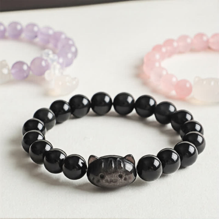 Buddha Stones Handgeschnitzter Katzenanhänger aus Obsidian mit Silberglanz, handgefertigtes Armband für Ruhe und Gelassenheit - image 4