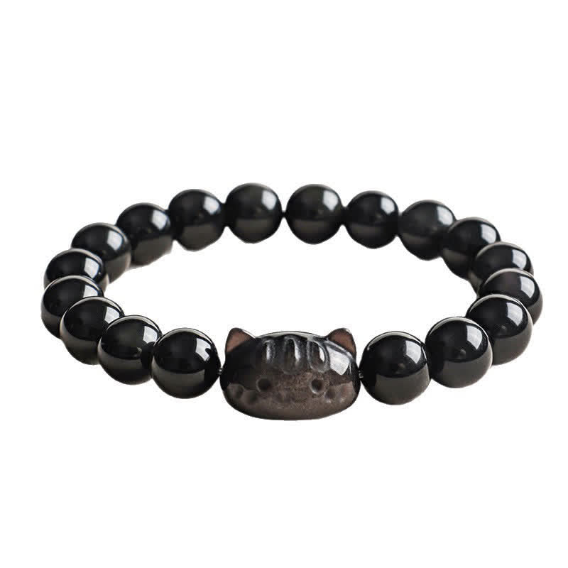 Buddha Stones Handgeschnitzter Katzenanhänger aus Obsidian mit Silberglanz, handgefertigtes Armband für Ruhe und Gelassenheit - image 12