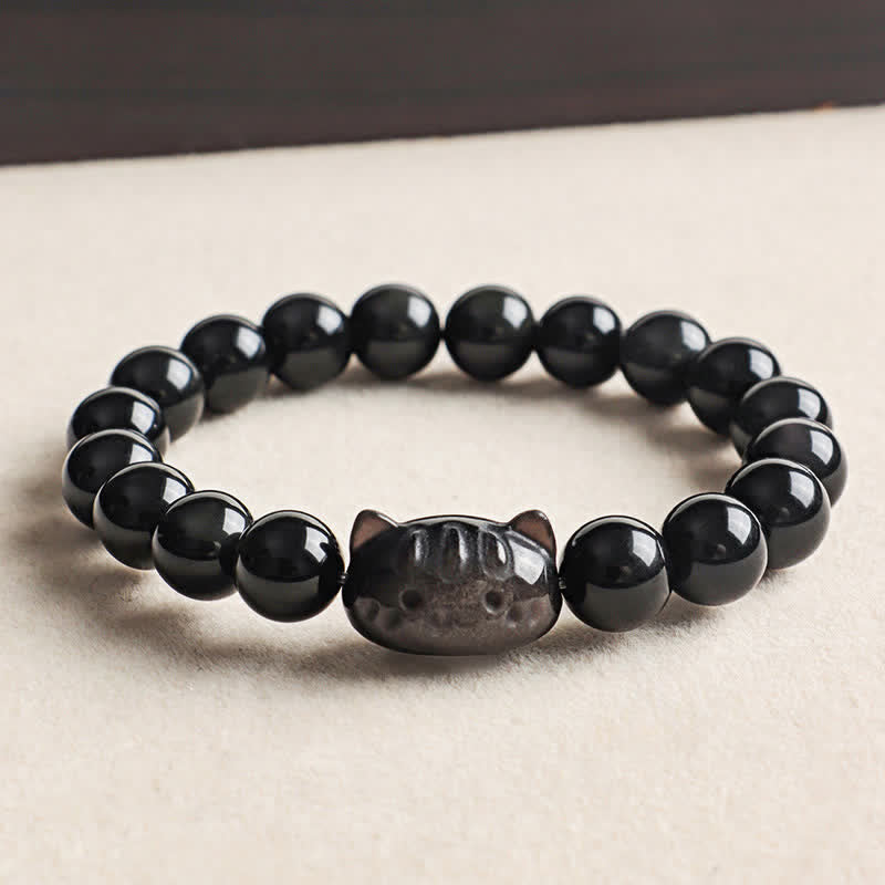 Buddha Stones Handgeschnitzter Katzenanhänger aus Obsidian mit Silberglanz, handgefertigtes Armband für Ruhe und Gelassenheit - Silberglänzender Obsidian (Erdung ♥ Intuition) - image 0