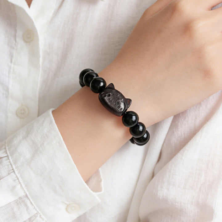 Buddha Stones Handgeschnitzter Katzenanhänger aus Obsidian mit Silberglanz, handgefertigtes Armband für Ruhe und Gelassenheit - image 10
