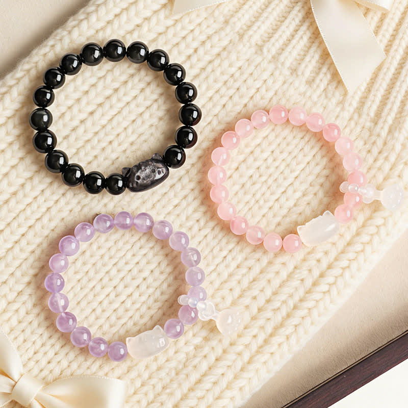 Buddha Stones Handgeschnitzter Katzenanhänger aus Obsidian mit Silberglanz, handgefertigtes Armband für Ruhe und Gelassenheit - image 9
