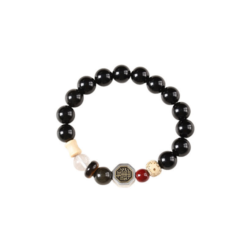 Buddha Stones Schwarzes Obsidian-Bagua-Schutz-Armband aus tibetischen Rundperlen - image 14