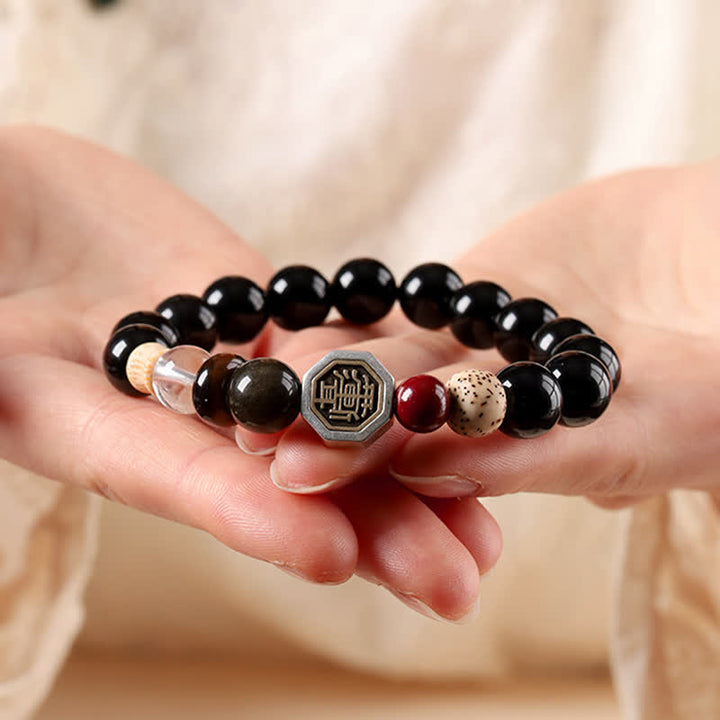 Buddha Stones Schwarzes Obsidian-Bagua-Schutz-Armband aus tibetischen Rundperlen - image 4
