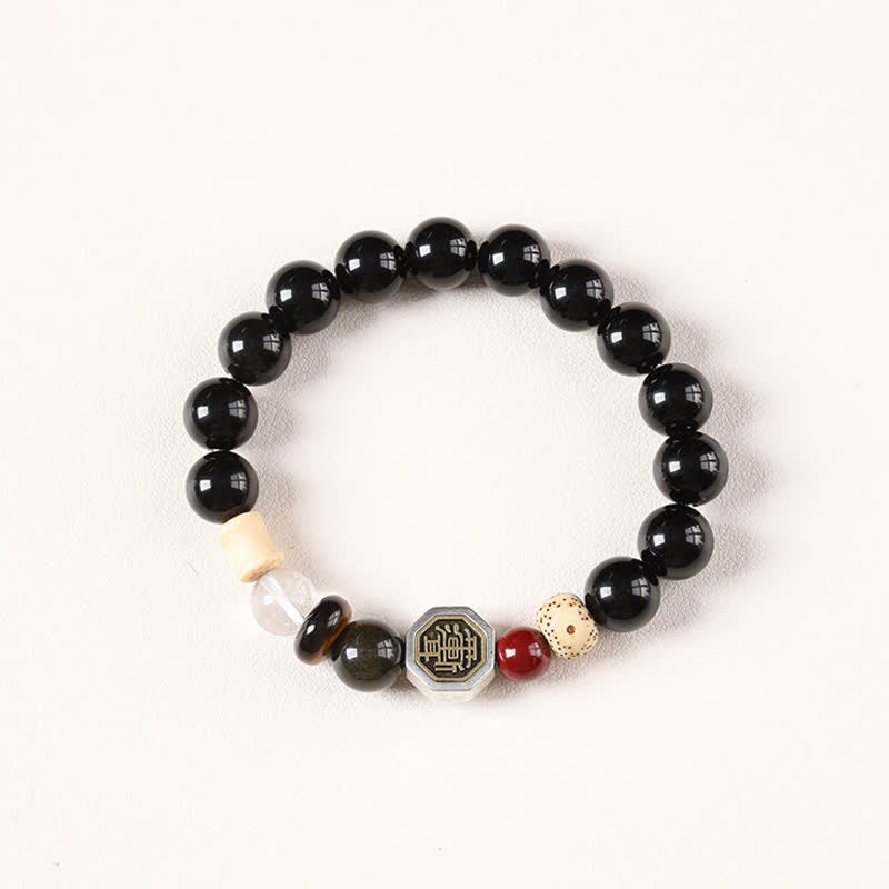 Buddha Stones Schwarzes Obsidian-Bagua-Schutz-Armband aus tibetischen Rundperlen - Schwarzer Obsidian (Schutz ♥ Erdung) - image 0