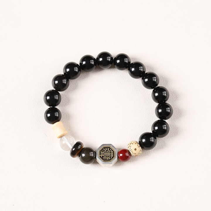 Buddha Stones Schwarzes Obsidian-Bagua-Schutz-Armband aus tibetischen Rundperlen - Schwarzer Obsidian (Schutz ♥ Erdung) - image 0