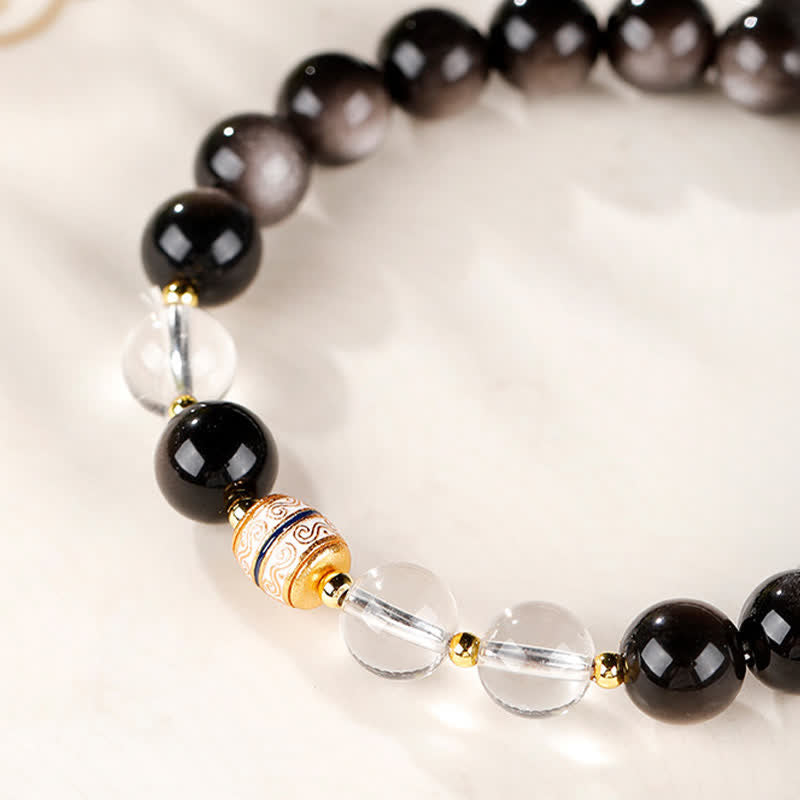 Buddha Stones Silberglänzendes Obsidian-Dzi-Perlen-Schutzarmband (rund) - image 9