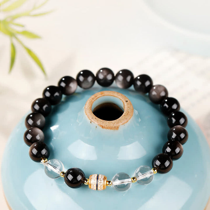 Buddha Stones Silberglänzendes Obsidian-Dzi-Perlen-Schutzarmband (rund) - Silberschimmernder Obsidian (Schutz♥Beruhigung) - 8 mm (Handgelenkumfang 16–17 cm) - image 0