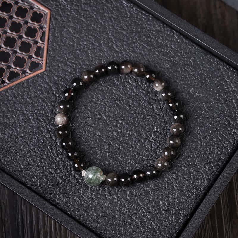 Buddha Stones Schwarzes Obsidian-Armband, handgewebt, neues chinesisches Rundarmband - Grüne Phantom-Topperle - Schwarzer Obsidian (Reinigung♥Stärke) - image 1