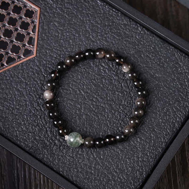 Buddha Stones Schwarzes Obsidian-Armband, handgewebt, neues chinesisches Rundarmband - Grüne Phantom-Topperle - Schwarzer Obsidian (Reinigung♥Stärke) - image 1