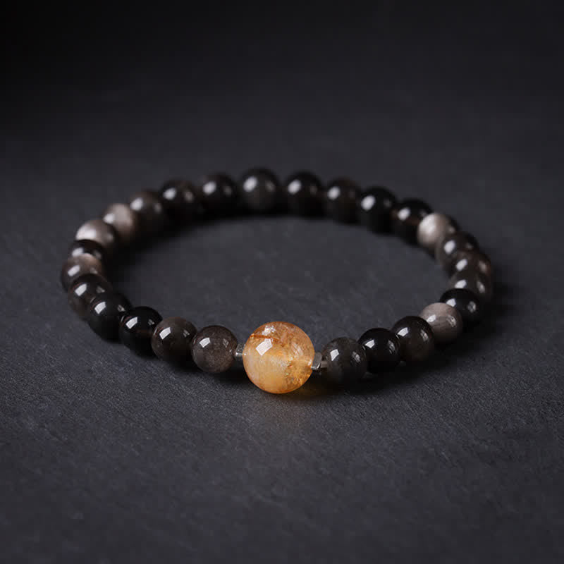 Buddha Stones Schwarzes Obsidian-Armband, handgewebt, neues chinesisches Rundarmband - Citrin-Topperle - Schwarzer Obsidian (Reinigung♥Stärke) - image 0