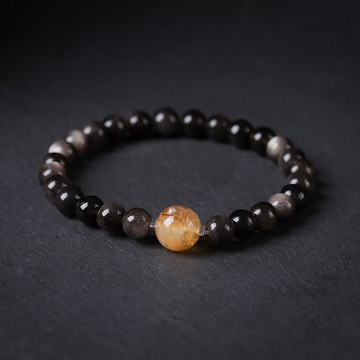 Buddha Stones Schwarzes Obsidian-Armband, handgewebt, neues chinesisches Rundarmband - Citrin-Topperle - Schwarzer Obsidian (Reinigung♥Stärke) - image 0