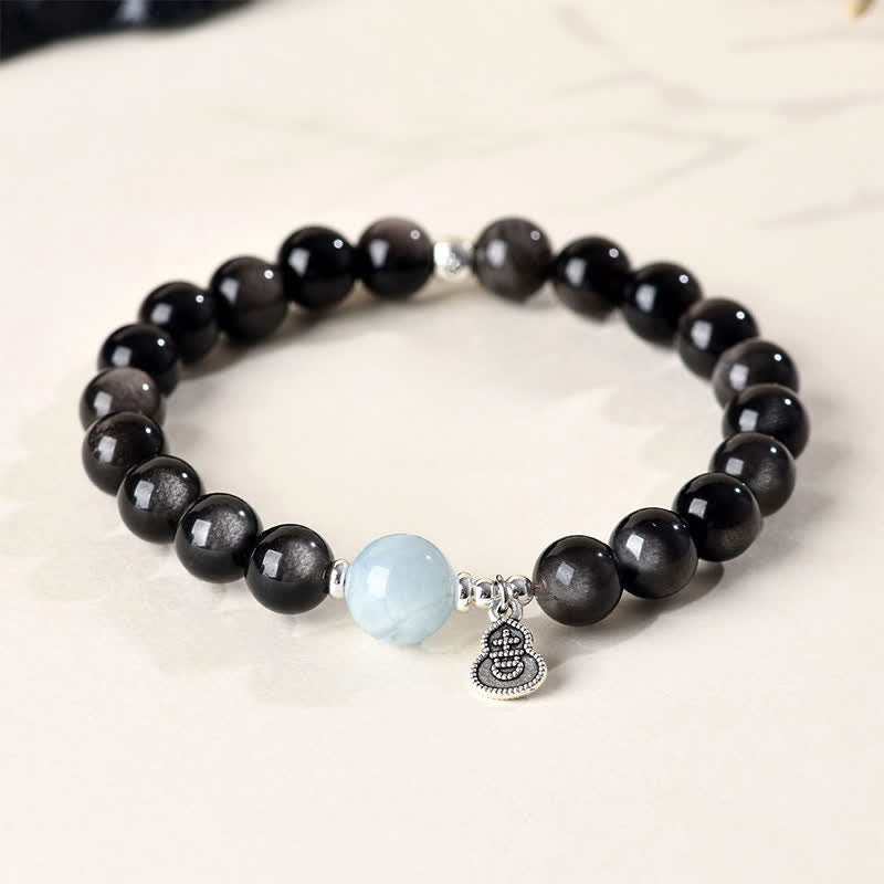 Buddha Stones Silberglänzendes Obsidian-Aquamarin-Armband mit Erdungseffekt und Glückskürbis-Motiv - Silberschimmernder Obsidian (Schutz♥Beruhigung) - image 0