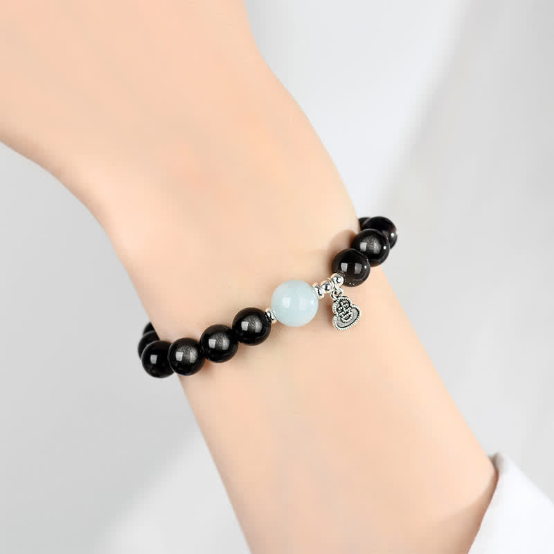 Buddha Stones Silberglänzendes Obsidian-Aquamarin-Armband mit Erdungseffekt und Glückskürbis-Motiv - image 8