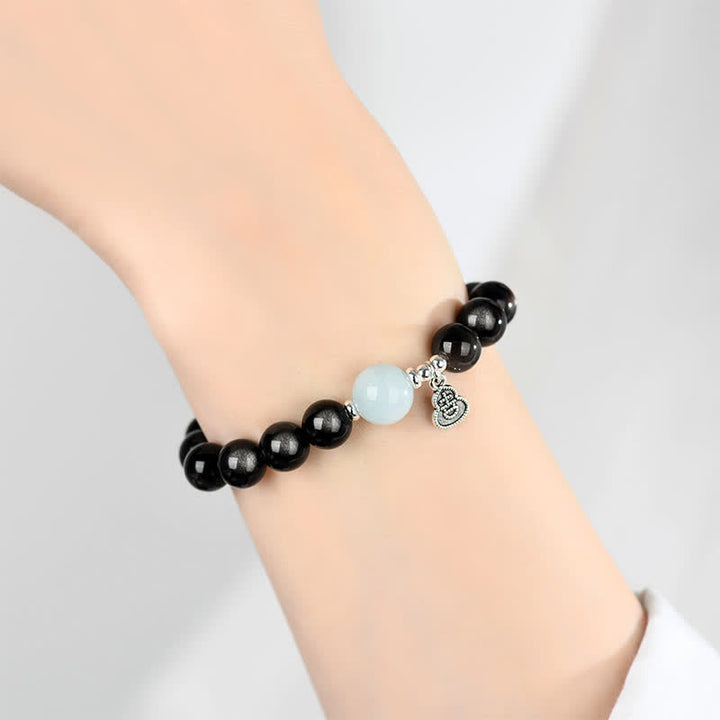 Buddha Stones Silberglänzendes Obsidian-Aquamarin-Armband mit Erdungseffekt und Glückskürbis-Motiv - image 8