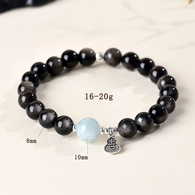Buddha Stones Silberglänzendes Obsidian-Aquamarin-Armband mit Erdungseffekt und Glückskürbis-Motiv - image 4