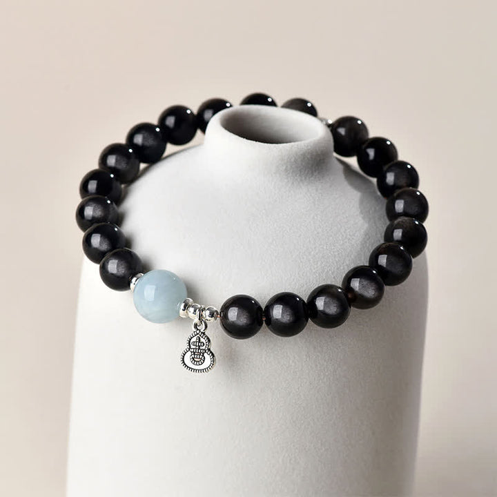 Buddha Stones Silberglänzendes Obsidian-Aquamarin-Armband mit Erdungseffekt und Glückskürbis-Motiv - image 3