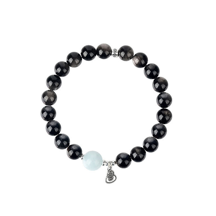 Buddha Stones Silberglänzendes Obsidian-Aquamarin-Armband mit Erdungseffekt und Glückskürbis-Motiv - image 9