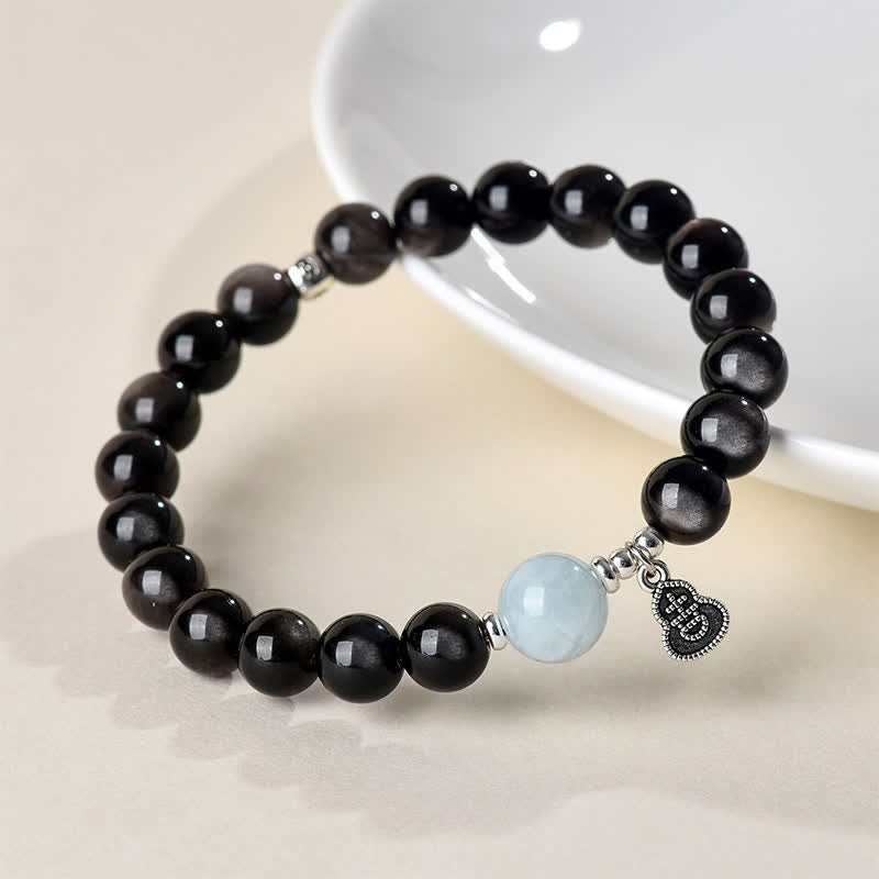 Buddha Stones Silberglänzendes Obsidian-Aquamarin-Armband mit Erdungseffekt und Glückskürbis-Motiv - image 2
