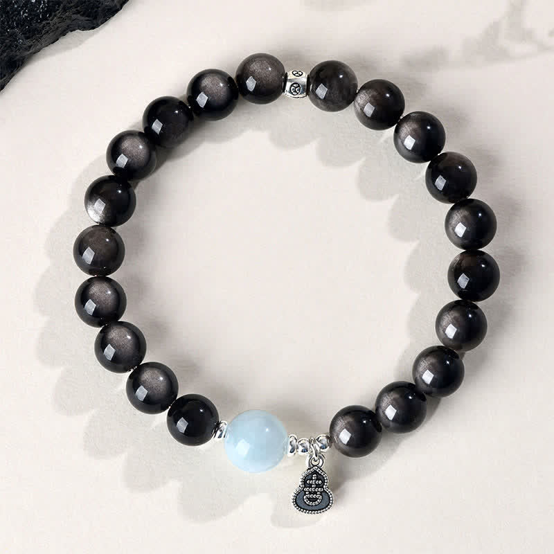 Buddha Stones Silberglänzendes Obsidian-Aquamarin-Armband mit Erdungseffekt und Glückskürbis-Motiv - image 1
