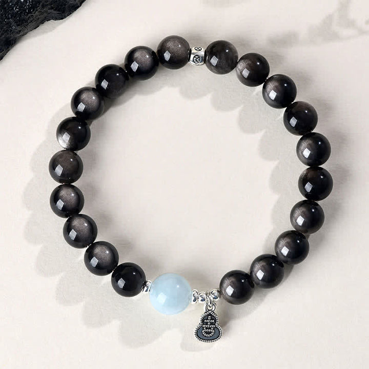 Buddha Stones Silberglänzendes Obsidian-Aquamarin-Armband mit Erdungseffekt und Glückskürbis-Motiv - image 1