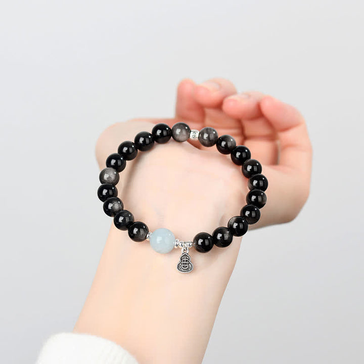 Buddha Stones Silberglänzendes Obsidian-Aquamarin-Armband mit Erdungseffekt und Glückskürbis-Motiv - image 7