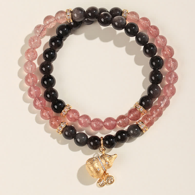 Buddha Stones Erdbeerquarz-Armband mit Golddraht und Kürbis-Motiv – Liebessegen-Wickelarmband - Doppeltes Wickelarmband - Erdbeerquarz (Liebe ♥ Heilung) - image 1