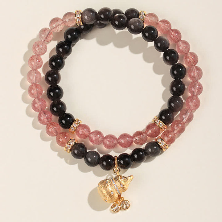 Buddha Stones Erdbeerquarz-Armband mit Golddraht und Kürbis-Motiv – Liebessegen-Wickelarmband - Doppeltes Wickelarmband - Erdbeerquarz (Liebe ♥ Heilung) - image 1