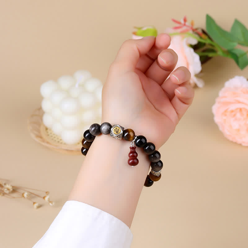 Buddha Stones Silberglänzendes Obsidian-Armband mit Erdungsmotiv Fu-Charakter (Kürbis) - image 8