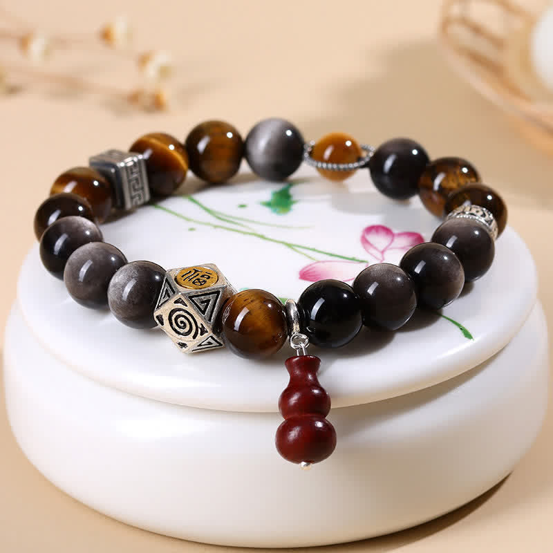 Buddha Stones Silberglänzendes Obsidian-Armband mit Erdungsmotiv Fu-Charakter (Kürbis) - image 3