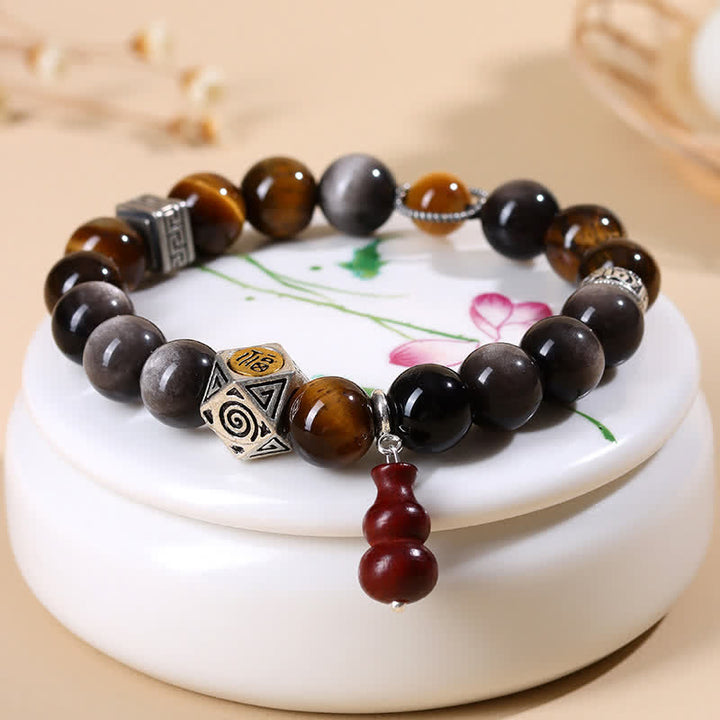Buddha Stones Silberglänzendes Obsidian-Armband mit Erdungsmotiv Fu-Charakter (Kürbis) - image 3