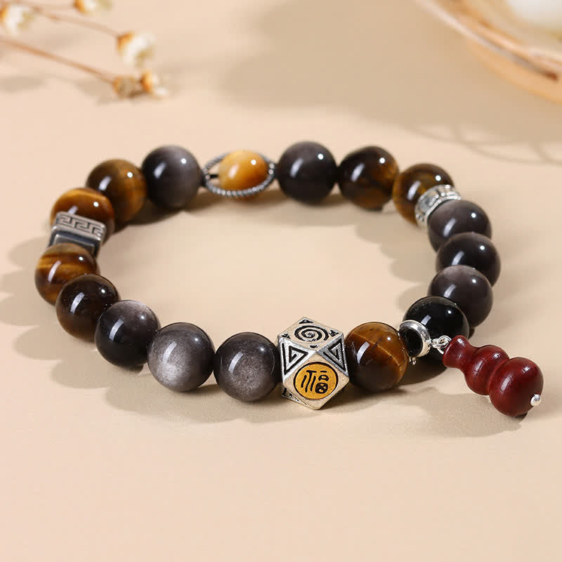 Buddha Stones Silberglänzendes Obsidian-Armband mit Erdungsmotiv Fu-Charakter (Kürbis) - image 1