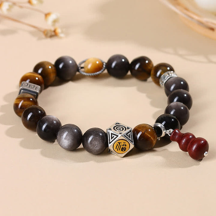 Buddha Stones Silberglänzendes Obsidian-Armband mit Erdungsmotiv Fu-Charakter (Kürbis) - image 1