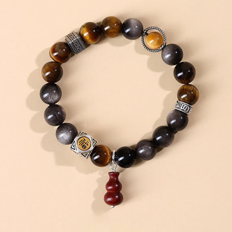 Buddha Stones Silberglänzendes Obsidian-Armband mit Erdungsmotiv Fu-Charakter (Kürbis) - Fu-Charakter (Glück ♥ Segen) - Silberschimmernder Obsidian (Schutz♥Beruhigung) - image 0