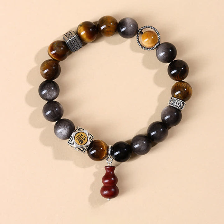 Buddha Stones Silberglänzendes Obsidian-Armband mit Erdungsmotiv Fu-Charakter (Kürbis) - Fu-Charakter (Glück ♥ Segen) - Silberschimmernder Obsidian (Schutz♥Beruhigung) - image 0