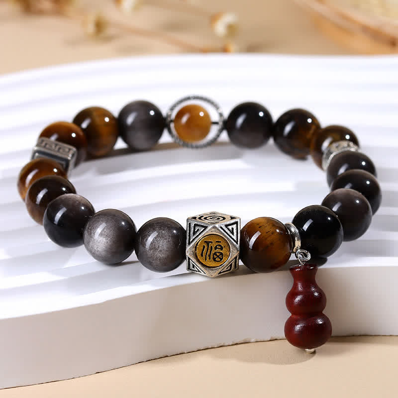Buddha Stones Silberglänzendes Obsidian-Armband mit Erdungsmotiv Fu-Charakter (Kürbis) - image 4