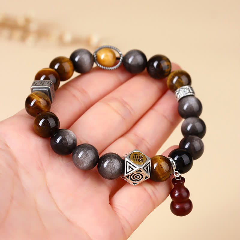 Buddha Stones Silberglänzendes Obsidian-Armband mit Erdungsmotiv Fu-Charakter (Kürbis) - image 7