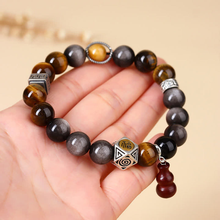 Buddha Stones Silberglänzendes Obsidian-Armband mit Erdungsmotiv Fu-Charakter (Kürbis) - image 7