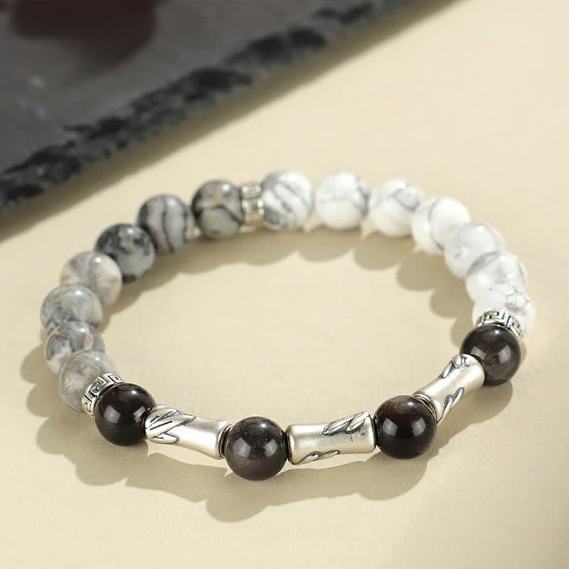 Buddha Stones Rundes Armband aus 999er Sterlingsilber, weißem Türkis und silberglänzendem Obsidian und Bambus mit Erdungseffekt - image 2