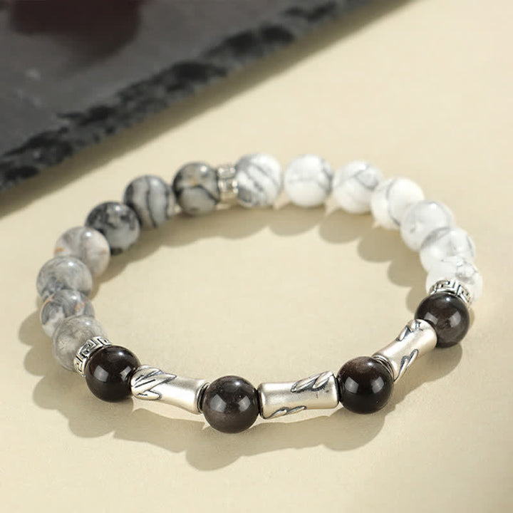 Buddha Stones Rundes Armband aus 999er Sterlingsilber, weißem Türkis und silberglänzendem Obsidian und Bambus mit Erdungseffekt - image 2