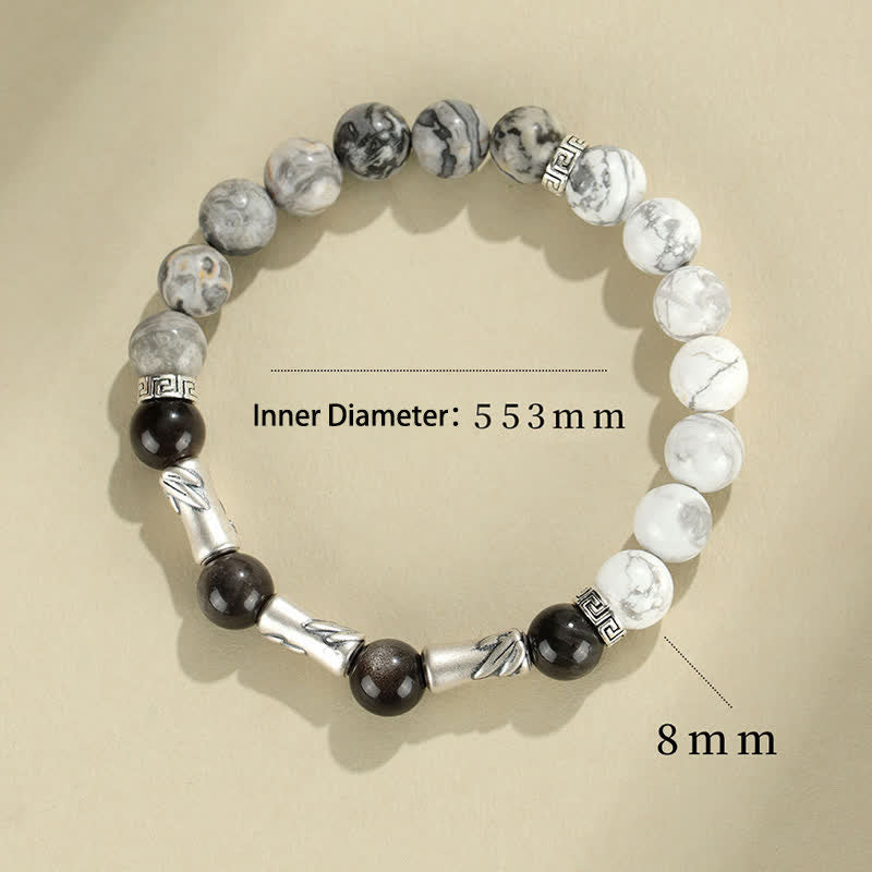 Buddha Stones Rundes Armband aus 999er Sterlingsilber, weißem Türkis und silberglänzendem Obsidian und Bambus mit Erdungseffekt - image 8
