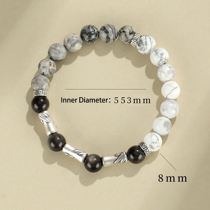 Buddha Stones Rundes Armband aus 999er Sterlingsilber, weißem Türkis und silberglänzendem Obsidian und Bambus mit Erdungseffekt - image 8