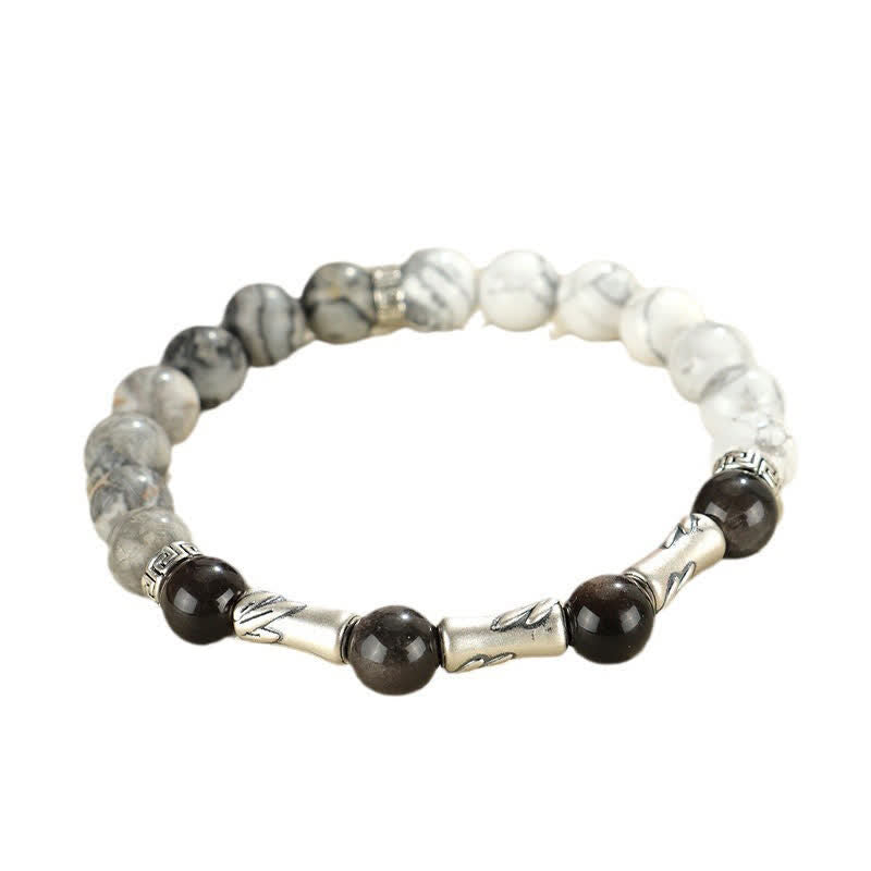 Buddha Stones Rundes Armband aus 999er Sterlingsilber, weißem Türkis und silberglänzendem Obsidian und Bambus mit Erdungseffekt - image 11