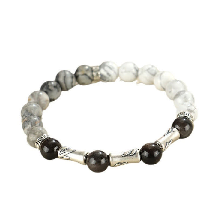 Buddha Stones Rundes Armband aus 999er Sterlingsilber, weißem Türkis und silberglänzendem Obsidian und Bambus mit Erdungseffekt - image 11