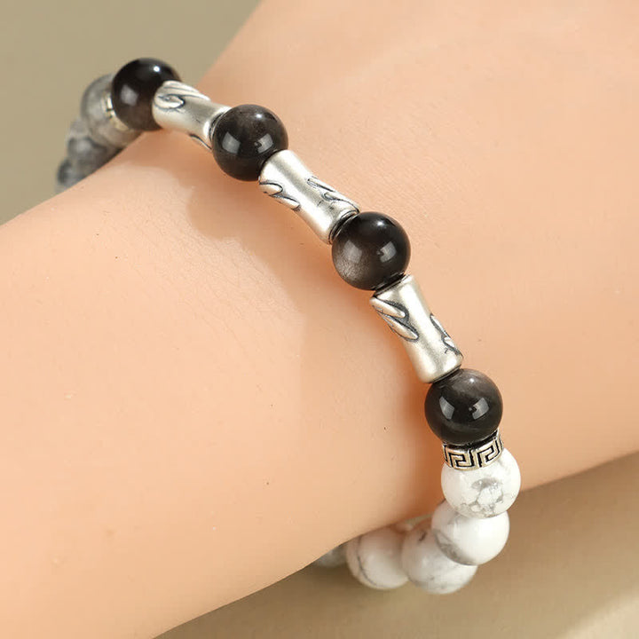 Buddha Stones Rundes Armband aus 999er Sterlingsilber, weißem Türkis und silberglänzendem Obsidian und Bambus mit Erdungseffekt - image 10