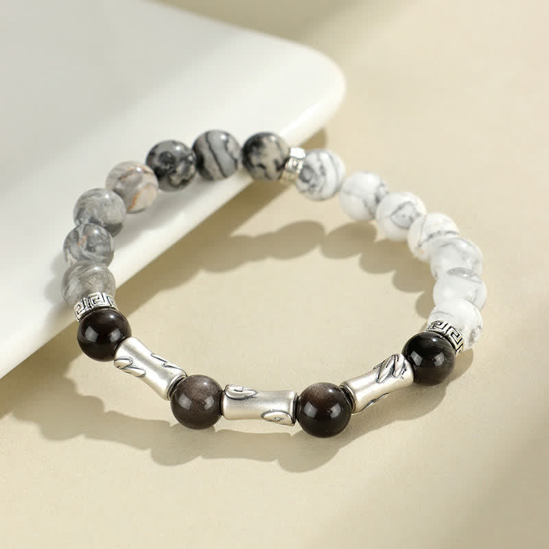 Buddha Stones Rundes Armband aus 999er Sterlingsilber, weißem Türkis und silberglänzendem Obsidian und Bambus mit Erdungseffekt - Weißer Türkis (Ruhe ♥ Wohlstand Entspannung) - image 0
